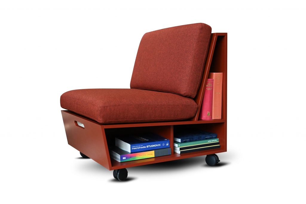 Bookish fauteuil op wieltjes met opbergruimte voor boeken voor op kantoor in kleur rood